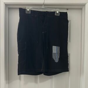 Burnside Black Board Shorts with Thin Blue Line Flag